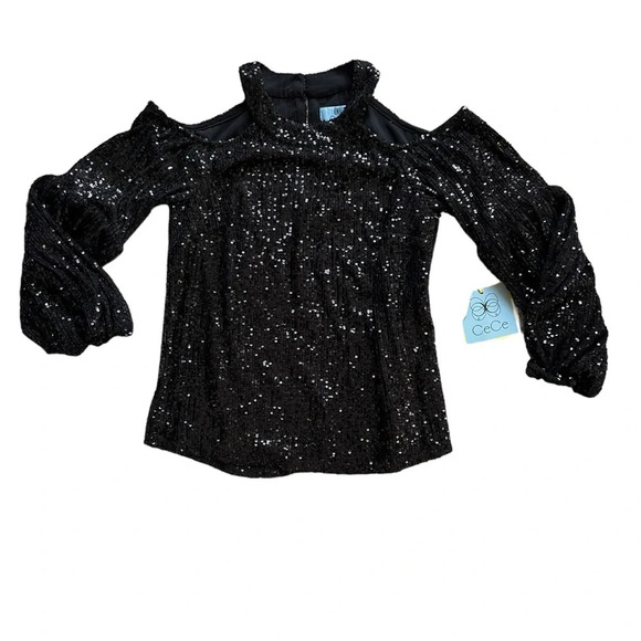 New with tags xxs Cece back sequin cold shoulder blouse puff sleeves gorgeous - Picture 2 of 4